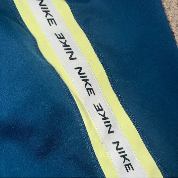 Nike Dri Fit Leggings Teal Striped White Neon Yellow Logo On Leg Size Large - Picture 2 of 15